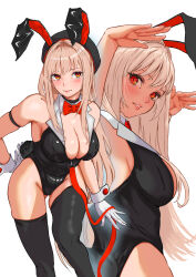 Rule 34 | 1girl, absurdres, adapted costume, alternate costume, animal ears, arm strap, arms up, bare shoulders, beret, black choker, black hat, black leotard, black thighhighs, blonde hair, blush, bow, bowtie, breasts, choker, cleavage, commentary, detached collar, eyelashes, fake animal ears, fake tail, feet out of frame, gloves, gluteal fold, goddess of victory: nikke, hair intakes, hat, highres, large breasts, leotard, light brown hair, lips, long hair, looking at viewer, multiple views, parted lips, playboy bunny, rabbit ears, rabbit pose, rabbit tail, ramuneogura, rapi (nikke), red bow, red bowtie, red eyes, sidelocks, simple background, skindentation, sleeveless, smile, solo, standing, tail, thighhighs, thighs, white background, white gloves, wrist cuffs