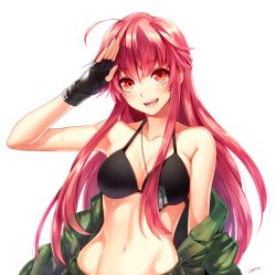 Rule 34 | 1girl, ahoge, bikini, bikini top only, black bikini, black gloves, blush, breasts, camouflage, cleavage, dog tags, female focus, fingerless gloves, gloves, large breasts, long hair, looking at viewer, milcho, military, military uniform, navel, open mouth, original, red eyes, red hair, simple background, smile, solo, sweat, swimsuit, uniform, white background