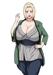 Rule 34 | 1girl, blonde hair, breasts, brown eyes, cleavage, facial mark, female focus, forehead jewel, forehead mark, highres, huge breasts, japanese clothes, lipstick, long hair, makeup, nail polish, naruho, naruto, naruto (series), naruto shippuuden, naruto shippuuden, open mouth, red nails, shiny skin, simple background, smile, solo, tsunade (naruto), white background