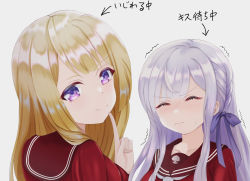 Rule 34 | 2girls, arrow (symbol), assault lily, blonde hair, blunt bangs, blush, braid, breasts, brown sailor collar, closed eyes, closed mouth, collarbone, commentary request, finger to own chin, grey background, grey hair, haion runa, hair ribbon, hand up, highres, index finger raised, kanba girls high school uniform, kon kanaho, long hair, long sleeves, looking at viewer, looking back, medium breasts, miyagawa takane, multiple girls, necktie, nose blush, purple eyes, purple ribbon, red shirt, ribbon, sailor collar, school uniform, serafuku, shirt, side braid, sidelocks, simple background, smirk, sweatdrop, trembling, upper body, v-shaped eyebrows, white necktie, yuri