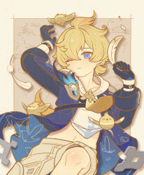 Rule 34 | 1boy, bird, black gloves, blonde hair, blue eyes, blue jacket, blush, brown shorts, child, closed mouth, facing viewer, genshin impact, gloves, grey background, highres, holding, holding quill, hood, hood down, hoodie, jacket, long sleeves, looking to the side, male focus, mika (genshin impact), multicolored background, one eye closed, quill, short hair, shorts, shuangfeng, white background, white hoodie