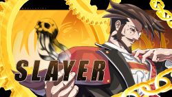 Rule 34 | 1boy, absurdres, beard, brown hair, cellafire, facial hair, fake screenshot, formal, guilty gear, guilty gear strive, highres, looking to the side, male focus, monocle, mustache, necktie, redesign, skull, slayer (guilty gear), smile, solo, vampire