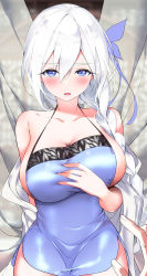 Rule 34 | 1girl, blush, braid, breasts, chinese clothes, dudou, fine fabric emphasis, hair between eyes, hair ornament, hand on own chest, highres, lace trim, large breasts, li zhiheng, long hair, looking at viewer, open mouth, original, side slit, sideboob, white hair