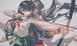 Rule 34 | 2girls, arrow (projectile), black hair, bow (weapon), chinese commentary, closed mouth, collared shirt, commentary request, cowboy shot, drawing bow, eyelashes, fingernails, floating hair, green sailor collar, green skirt, grey background, hakama, hands on another&#039;s arms, highres, higurashi kagome, holding, holding arrow, holding bow (weapon), holding weapon, inuyasha, japanese clothes, kikyou (inuyasha), kimono, libuqilai, long hair, long sleeves, looking ahead, midriff peek, miko, miniskirt, multiple girls, neckerchief, open mouth, pleated skirt, red hakama, red neckerchief, red ribbon, ribbon, ribbon-trimmed collar, ribbon-trimmed sleeves, ribbon trim, sailor collar, school uniform, serafuku, shadow, shirt, simple background, skirt, sleeve ribbon, smile, very long hair, weapon, weibo watermark, white kimono, white shirt, white sleeves, wide sleeves, yellow eyes