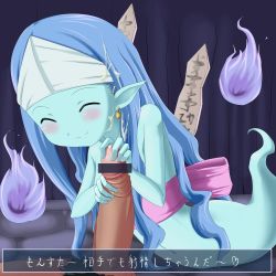 Rule 34 | blue hair, blue skin, blush, censored, colored skin, cum, cum on hair, earrings, closed eyes, facial, flat chest, floating, ghost, glansjob, handjob, jewelry, long hair, monster girl, navel, penis, pixiv103456, pointy ears, smile, spirit, translation request