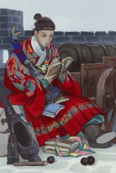 Rule 34 | 1boy, absurdres, beard, book, boots, brown footwear, cannon, cannonball, chinese clothes, crossed legs, facial hair, highres, holding, holding book, long beard, long sleeves, male focus, mossacannibalis, original, sitting, solo