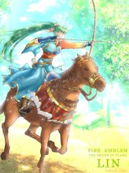 Rule 34 | 1girl, arrow (projectile), bad id, bad twitter id, bow (weapon), fingerless gloves, fire emblem, fire emblem: the blazing blade, fire emblem heroes, gloves, green hair, holding, holding arrow, holding bow (weapon), holding weapon, horse, horseback riding, long hair, lyn (fire emblem), nintendo, ponytail, quiver, riding, solo, very long hair, weapon