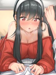 Rule 34 | 1boy, 1girl, :o, absurdres, black hair, blush, breasts, breath, cleavage, couch, couple, earrings, eru (aeeu2243), flying sweatdrops, full-face blush, girl on top, gold earrings, hair between eyes, hairband, hetero, highres, husband and wife, jewelry, large breasts, long hair, lying, off-shoulder sweater, off shoulder, on couch, on person, on stomach, pov, red eyes, red sweater, shirt, sidelocks, solo focus, spy x family, sweater, twilight (spy x family), white hairband, white shirt, yor briar