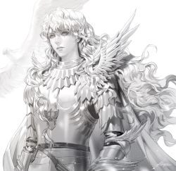 Rule 34 | 1boy, androgynous, armor, belt, berserk, bird, breastplate, cape, commentary request, fake wings, falcon, faulds, gauntlets, greyscale, griffith (berserk), highres, korean commentary, long hair, male focus, monochrome, pauldrons, shoulder armor, solo, standing, upper body, vlfdus 0, wavy hair, wings