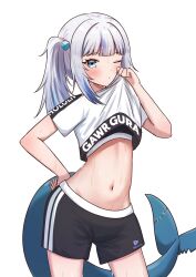 Rule 34 | 1girl, absurdres, black shorts, blue eyes, blue hair, blunt bangs, blush, breasts, character name, copyright name, crop top, crop top lift, crop top overhang, cube hair ornament, fins, fish tail, gawr gura, grey hair, hair ornament, hand on own hip, highres, hololive, hololive dance practice uniform, hololive english, lifting own clothes, looking at viewer, medium hair, midriff, multicolored hair, navel, official alternate costume, petite, shark girl, shark tail, sharkudon, shorts, side ponytail, sidelocks, small breasts, solo, stomach, streaked hair, sweat, tail, virtual youtuber, white background
