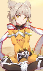 Rule 34 | 1girl, absurdres, animal ears, blunt bangs, bodysuit, breasts, cat ears, facial mark, gloves, highres, indian style, kiiro kimi, nia (xenoblade), short hair, silver hair, sitting, small breasts, solo, white gloves, xenoblade chronicles (series), xenoblade chronicles 2, yellow bodysuit, yellow eyes