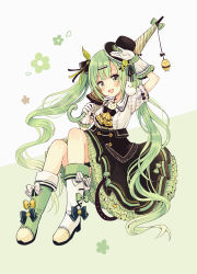 Rule 34 | 1girl, :d, absurdres, arm up, asymmetrical footwear, black bow, black hat, black skirt, blush, boots, bow, brown umbrella, fang, frilled skirt, frills, gloves, green bow, green eyes, green footwear, green hair, hair bow, hair ornament, hairclip, hat, highres, holding, holding umbrella, looking at viewer, mini hat, mismatched footwear, open mouth, original, puffy short sleeves, puffy sleeves, sakura oriko, shirt, short sleeves, sidelocks, skirt, smile, solo, tilted headwear, twintails, umbrella, white bow, white footwear, white gloves, white shirt, yellow bow