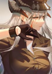 Rule 34 | 1girl, arknights, black gloves, black hat, black shirt, breasts, dragon horns, earclip, gloves, grey background, grey hair, hair between eyes, hand up, hat, highres, horns, kernel killer, large breasts, long hair, looking afar, official alternate costume, orange eyes, partially unbuttoned, saria (arknights), saria (the law) (arknights), shirt, simple background, solo, upper body