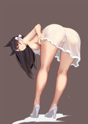 Rule 34 | 1girl, absurdres, ass, atago (azur lane), atago (summer march) (azur lane), azur lane, bad id, bad pixiv id, bare shoulders, bent over, black hair, blush, breasts, dress, from behind, full body, gongba laoge, hair ribbon, high heels, highres, kneepits, large breasts, long hair, looking at viewer, looking back, panties, parted lips, ribbon, see-through, sideboob, smile, solo, standing, swept bangs, underwear, white dress, white panties, yellow eyes