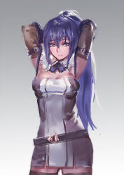 Rule 34 | 1girl, armpits, arms behind head, arms up, belt, black thighhighs, blue eyes, breast lift, breasts, brown gloves, cleavage, cowboy shot, detached sleeves, dress, elbow gloves, female focus, gloves, grey dress, kishiyo, large breasts, long hair, looking at viewer, md5 mismatch, pixiv fantasia, pixiv fantasia t, ponytail, purple hair, rei no himo, short dress, sleeveless, sleeveless dress, solo, thighhighs, very long hair, zettai ryouiki