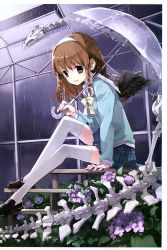 Rule 34 | 1girl, absurdres, artist request, bench, black wings, bow, bowtie, braid, brown eyes, brown hair, flower, hairband, happy, highres, hydrangea, legs, megami magazine, megami magazine deluxe, original, plaid, plaid skirt, pleated skirt, rain, scan, sitting, sitting on stairs, skeleton, skirt, socks, solo, stairs, sweater, thighhighs, tiv, transparent, transparent umbrella, twin braids, umbrella, wet, white socks, wings
