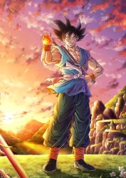 Rule 34 | 1boy, absurdres, black hair, closed eyes, dougi, dragon ball, dragon ball (object), dragonball z, facing viewer, full body, grin, highres, holding, male focus, mocky art, mountain, muscular, muscular male, pants, sash, sky, smile, solo, son goku, standing, sunset, white sash, wristband