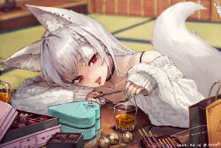 Rule 34 | 1girl, albino, animal ear fluff, animal ears, aqua nails, arm rest, artist name, bag, bare shoulders, black choker, blurry, box, box of chocolates, chocolate, choker, commentary, cup, dated, depth of field, drink, fox ears, fox tail, head rest, head tilt, heart-shaped box, highres, indoors, kotatsu, long sleeves, looking at viewer, nail polish, off-shoulder sweater, off shoulder, original, piercing, red eyes, shopping bag, signature, sleeves past wrists, solo, suzuno (bookshelf), sweater, symbol-only commentary, table, tail, tatami, thick eyebrows, tongue, tongue out, tongue piercing, white hair