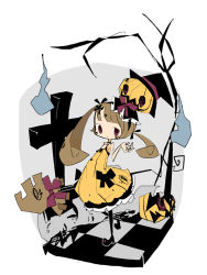 Rule 34 | 1girl, :|, armpits, asymmetrical hair, bare arms, bare shoulders, black bow, black choker, black footwear, black hat, black legwear, blue fire, blunt bangs, blush stickers, border, bow, broom, brown hair, checkered floor, chico (yukihi), choker, closed mouth, cross, dress, dress bow, expressionless, fire, frills, from side, full body, grey background, hair bow, hair ornament, hand up, hat, hitodama, holding, holding broom, jack-o&#039;-lantern, leg up, long hair, looking at viewer, looking to the side, low twintails, medium dress, no nose, on head, open hand, orange dress, original, outside border, outstretched hand, petticoat, pumpkin, pumpkin on head, purple bow, purple eyes, sleeveless, sleeveless dress, solo, spaghetti strap, standing, striped clothes, striped dress, swept bangs, tareme, twintails, uneven twintails, vertical-striped clothes, vertical-striped dress, white border, witch, witch hat, yukihi