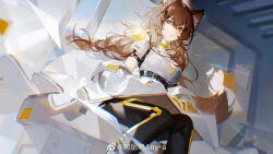 Rule 34 | 1girl, absurdres, aniao ya, animal ears, black pants, breasts, brown eyes, brown hair, commentary request, cube, girls&#039; frontline, girls&#039; frontline neural cloud, gloves, hair ornament, highres, jewelry, lab coat, large breasts, looking at viewer, necklace, off shoulder, pants, paper, shirt, sitting, solo, turing (neural cloud), weibo watermark, white shirt, yellow gloves