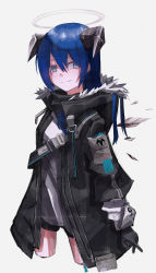 Rule 34 | 1girl, absurdres, arknights, black gloves, black jacket, blue eyes, blue hair, fur-trimmed jacket, fur trim, gloves, hair between eyes, halo, highres, hood, hood down, hooded jacket, horns, jacket, long hair, long sleeves, mostima (arknights), no legs, open clothes, shirt, shorts, smile, solo, white background, white shirt, yako mashiro