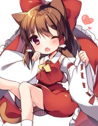 Rule 34 | 1girl, animal ears, ascot, blush, bow, cat day, cat ears, cat tail, chestnut mouth, detached sleeves, hair bow, hair ribbon, hair tubes, hakurei reimu, heart, kemonomimi mode, large bow, looking at viewer, morinaga kobato, one eye closed, red eyes, ribbon, ribbon-trimmed sleeves, ribbon trim, solo, tail, touhou, wide sleeves, aged down