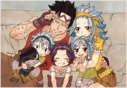 Rule 34 | 2boys, 3girls, :d, black hairband, blue hair, blush, boots, brown eyes, brown footwear, brown gloves, brown pants, brown shorts, collarbone, ear piercing, closed eyes, fairy tail, fingerless gloves, gajeel redfox, gloves, green hairband, grey pants, grey shirt, grin, hair ribbon, hairband, hand on another&#039;s hip, headband, levy mcgarden, long hair, looking at viewer, multiple boys, multiple girls, open mouth, pantherlily, pants, piercing, red shirt, ribbon, rusky, shirt, short shorts, short sleeves, shorts, sitting, sleeveless, sleeveless shirt, smile, white shirt, yellow ribbon, yellow shirt