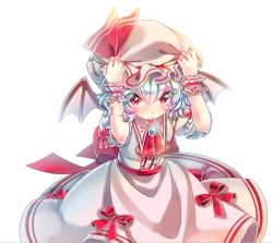 Rule 34 | 1girl, ascot, bat wings, blue hair, charisma guard, dress, female focus, hands on headwear, hat, here (artist), red eyes, remilia scarlet, short hair, simple background, touhou, white background, wings