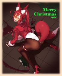 Rule 34 | 1girl, :d, all fours, animal ear fluff, animal ears, ass, back, black pantyhose, blush, bottle, christmas, cup, drinking glass, drunk, eyepatch, fangs, fox ears, fox girl, fox tail, fur trim, hair between eyes, high heels, highres, leotard, long hair, n0r0, nail polish, open mouth, original, pantyhose, ponytail, red footwear, red hair, red nails, sleeves past wrists, smile, solo, spill, tail, teeth, thigh strap, wine bottle, wine glass
