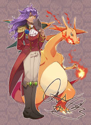 Rule 34 | 1boy, alternate costume, ascot, blue flower, boots, brown footwear, buttons, charizard, closed mouth, commentary request, creatures (company), epaulettes, facial hair, fire, flame-tipped tail, flower, game freak, gen 1 pokemon, grey pants, hat, holding, holding clothes, holding hat, legs together, leon (pokemon), long hair, male focus, medal, nintendo, pants, pokemon, pokemon (creature), pokemon swsh, purple hair, sasairebun, signature, smile, standing, tailcoat, white ascot, yellow eyes