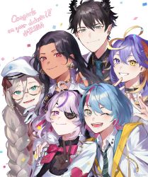 Rule 34 | 3boys, 3girls, absurdres, aia amare, aia amare (1st costume), aster arcadia, beret, black choker, black hair, black shirt, blonde hair, blue hair, blue hoodie, blue necktie, blush, bow, bowtie, braid, brooch, choker, closed mouth, collared shirt, confetti, congratulations, cropped jacket, dark-skinned female, dark skin, dress shirt, earrings, eyepatch, eyewear strap, glasses, gloves, gold choker, gold necklace, gradient hair, green necktie, grey hair, hair bow, hair tie, hat, heterochromia, highres, hood, hoodie, iluna, jacket, jewelry, kyo kaneko, long hair, long sleeves, looking at viewer, maria marionette, mature female, medium hair, mole, mole under eye, multicolored clothes, multicolored hair, multiple boys, multiple girls, necklace, necktie, nijisanji, nijisanji en, one eye covered, open mouth, papercider, pink bow, pink bowtie, pink hair, purple bow, purple eyes, purple hair, red eyes, ren zotto, scarle yonaguni, scarle yonaguni (1st costume), school uniform, semi-rimless eyewear, shirt, short hair, side braid, side ponytail, simple background, smile, streaked hair, v, very long hair, virtual youtuber, wavy hair, white background, white gloves, white headwear, white hoodie, white jacket, white shirt, yellow eyes, yellow hoodie