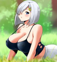 Rule 34 | 10s, 1girl, alternate breast size, alternate costume, bad id, bad pixiv id, bare shoulders, blue eyes, blush, breasts, casual, cleavage, collarbone, day, derivative work, covered erect nipples, grass, gym uniform, hair ornament, hair over one eye, hairclip, hamakaze (kancolle), kantai collection, large breasts, looking at viewer, no bra, outdoors, perepere-kun, photo-referenced, plant, short hair, solo, white hair