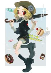 Rule 34 | 1girl, :p, beret, bike shorts, black footwear, black socks, black sweater, blonde hair, blue background, border, cake, candy, chocolate, chocolate bar, commentary, commission, doughnut, food, fruit, hat, highres, holding, holding umbrella, holding weapon, medium hair, nintendo, octoling, octoling girl, octoling player character, p-pepper, plate, red eyes, shoes, simple background, socks, solo, sparkle, splatoon (series), strawberry, sweater, tongue, tongue out, umbrella, undercover brella (splatoon), watermark, weapon, white border