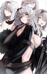 1girl absurdres belt breasts dress fur_shawl grey_hair gun highres holding holding_weapon naokomama navel pale_skin rifle shawl viora_weissheart virtual_youtuber vols weapon