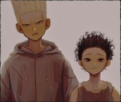 Rule 34 | 2boys, aged down, aota uno, bare shoulders, black hair, child, closed mouth, curly hair, feitan portor, frown, grey background, grey jacket, grey tank top, hair pulled back, height difference, highres, hood, hood down, hooded jacket, hunter x hunter, jacket, looking at viewer, male focus, multiple boys, patchwork clothes, phinks magcub, pompadour, ringlets, short hair, simple background, sleeveless, tank top, undercut, upper body