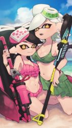 Rule 34 | 2girls, bare shoulders, beach, bikini, black hair, blue sky, blush, bracelet, breasts, callie (splatoon), carbon roller (splatoon), cleavage, closed mouth, cloud, collarbone, commentary request, cousins, day, earrings, fang, fingernails, food, food on head, frilled bikini, frills, green bikini, green nails, green sarong, gun, halterneck, hero charger (splatoon), highres, holding, holding gun, holding weapon, inkling, jewelry, kneeling, long hair, looking at viewer, marie (splatoon), medium breasts, mole, mole under eye, multiple girls, nail polish, navel, nintendo, object on head, ocean, open mouth, outdoors, pink bikini, pink nails, pointy ears, prat rat, revision, sand, sarong, short hair, sky, small breasts, smile, splatoon (series), star-shaped pupils, star (symbol), stomach, sushi, swimsuit, symbol-shaped pupils, teeth, tentacle hair, upper teeth only, very long hair, water, weapon, white hair, yellow eyes