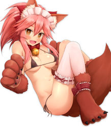 Rule 34 | 1girl, animal ears, bell, bikini, black bikini, blush, blush stickers, breasts, brown eyes, cleavage, collar, fang, fate/grand order, fate (series), fox ears, fox tail, groin, hair ribbon, long hair, looking at viewer, lying, medium breasts, micro bikini, navel, neck bell, negija, on back, open mouth, pink hair, ribbon, simple background, smile, solo, swimsuit, tail, tamamo (fate), tamamo cat (fate), tamamo cat (third ascension) (fate), tamamo no mae (fate/extra), white background