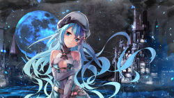 Rule 34 | 1girl, bad id, bad pixiv id, belt, beret, blue eyes, blue hair, blush, breasts, castle, city lights, cleavage, cleavage cutout, clothing cutout, covered navel, dark, detached sleeves, dress, elbow gloves, fantasy, floating hair, full moon, gloves, hair ornament, hand on own arm, hand up, hat, head tilt, highres, lee-chan (saraki), lee (saraki), light particles, light smile, lips, long hair, looking at viewer, moon, night, original, saraki, signature, small breasts, solo, texture, upper body, water