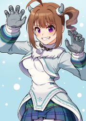 Rule 34 | 1girl, ahoge, blue skirt, blush, breasts, brown hair, claw pose, claws, commentary, drill hair, drill ponytail, fake claws, fake horns, fang, fang out, gloves, grey gloves, grey horns, grey jacket, grin, highres, horns, idolmaster, idolmaster million live!, idolmaster million live! theater days, jacket, kamille (vcx68), long sleeves, looking at viewer, medium breasts, medium hair, miniskirt, pleated skirt, purple eyes, revision, shirt, shrug (clothing), side drill, side ponytail, sidelocks, skirt, smile, solo, standing, teeth, white shirt, yeti costume, yokoyama nao
