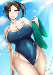 1girl black_hair blue_one-piece_swimsuit blue_sky breasts collarbone covered_navel cowboy_shot curvy day hair_ornament hairclip highleg highleg_one-piece_swimsuit highres huge_breasts ibara_azuki long_hair looking_at_viewer name_tag one-piece_swimsuit open_mouth orange_eyes original outdoors parted_bangs ponytail school_swimsuit sideboob sky smile solo standing swimsuit wet wide_hips