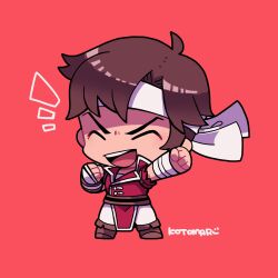 Rule 34 | 1boy, arm up, brown footwear, brown hair, castlevania (series), chibi, chibi only, clenched hands, closed eyes, full body, happy, headband, highres, jacket, kotorai, male focus, no nose, open mouth, pants, red background, red jacket, richter belmont, signature, simple background, solo, standing, teeth, torn clothes, torn sleeves, upper teeth only, white headband, white pants