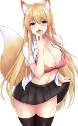Rule 34 | 1girl, animal ears, black skirt, black thighhighs, blonde hair, blue eyes, bra, breasts, cleavage, collarbone, collared shirt, cowboy shot, cunnilingus gesture, fox ears, fox girl, fox tail, hair between eyes, hand up, highres, large breasts, lingerie, long hair, looking at viewer, miniskirt, navel, open clothes, open mouth, open shirt, original, pink bra, pleated skirt, red bra, shirt, short sleeves, simple background, skirt, skirt hold, sogaya, solo, standing, stomach, tail, tail raised, thighhighs, thighs, tongue, tongue out, underwear, very long hair, white background, white shirt, zettai ryouiki