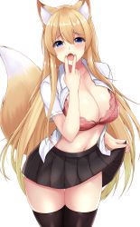 1girl animal_ears black_skirt black_thighhighs blonde_hair blue_eyes bra breasts cleavage collarbone collared_shirt cowboy_shot cunnilingus_gesture fox_ears fox_girl fox_tail hair_between_eyes hand_up highres large_breasts lingerie long_hair looking_at_viewer miniskirt navel open_clothes open_mouth open_shirt original pink_bra pleated_skirt red_bra shirt short_sleeves simple_background skirt skirt_hold sogaya solo standing stomach tail tail_raised thighhighs thighs tongue tongue_out underwear very_long_hair white_background white_shirt zettai_ryouiki