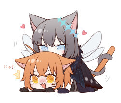 Rule 34 | 1boy, 1girl, @ @, animal ears, blue eyes, blush, cat boy, cat ears, cat girl, cat tail, chibi, commentary request, fate/grand order, fate (series), fujimaru ritsuka (female), fujimaru ritsuka (female) (polar chaldea uniform), grey hair, heart, herliearse, highres, oberon (fate), oberon (third ascension) (fate), on ground, orange eyes, orange hair, sitting, sitting on person, spoilers, tail, tears, wings