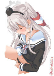 Rule 34 | 1girl, amatsukaze (kancolle), black panties, blush, breasts, breath, brown dress, choker, closed eyes, clothes lift, clothing aside, dress, dress lift, ebifurya, female masturbation, fingering, from above, gloves, hair tubes, heavy breathing, highres, kantai collection, lifted by self, long hair, masturbation, nose blush, open mouth, panties, panties aside, pussy, sailor dress, saliva, short dress, silver hair, single glove, small breasts, solo, spread legs, striped, sweat, thighs, two side up, underwear, white background, white gloves