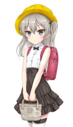 Rule 34 | 1girl, backpack, bag, bare arms, bare shoulders, black bow, black bowtie, black hairband, black skirt, bow, bowtie, brown eyes, closed mouth, collared shirt, commentary request, dress shirt, flipper, girls und panzer, grey hair, hair between eyes, hair bow, hairband, hat, high-waist skirt, highres, holding, holding bag, looking at viewer, one side up, pleated skirt, randoseru, school hat, shimada arisu, shirt, simple background, skirt, sleeveless, sleeveless shirt, solo, striped clothes, striped thighhighs, thighhighs, white background, white shirt, yellow headwear