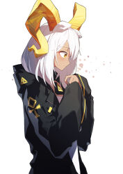 Rule 34 | 1girl, absurdres, animal ear fluff, animal ears, arknights, beeswax (arknights), beudelb, black jacket, commentary request, dress, ears down, from side, hair between eyes, hands up, highres, hood, hood down, hooded jacket, horns, jacket, long sleeves, open clothes, open jacket, profile, simple background, sleeves past wrists, solo, white background, white dress, white hair, yellow eyes