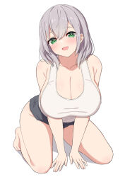 Rule 34 | 1girl, arm support, bare shoulders, black shorts, blush, breasts, cleavage, collarbone, green eyes, grey hair, hair between eyes, highres, hololive, large breasts, looking at viewer, medium hair, open mouth, seiza, shirogane noel, shirt, shorts, sitting, sleeveless, sleeveless shirt, smile, solo, virtual youtuber, wavy hair, white background, white shirt