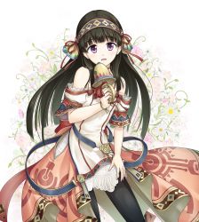 Rule 34 | 1girl, :d, atelier (series), atelier shallie, bare shoulders, bell, black pantyhose, blunt bangs, blush, brown hair, dress, floral background, hairband, head tilt, highres, holding, long hair, looking at viewer, open mouth, pantyhose, puchi kurage, purple eyes, shallistera (atelier), smile, solo, white background