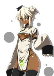 Rule 34 | 1girl, alternate hair length, alternate hairstyle, black hair, breasts, bun cover, chinese clothes, cleavage, cleavage cutout, clothing cutout, dark skin, dark-skinned female, detached sleeves, double bun, guilty gear, guilty gear xrd, hair between eyes, kaname nagi, ramlethal valentine, short hair, sleeves past wrists, small breasts, solo, thighhighs, underboob, white hair, yellow eyes